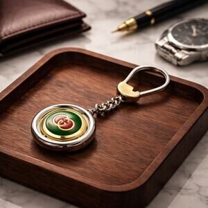 Vintage Gucci Round GG Enamel Keychain Two-Tone Green Red Made in Italy